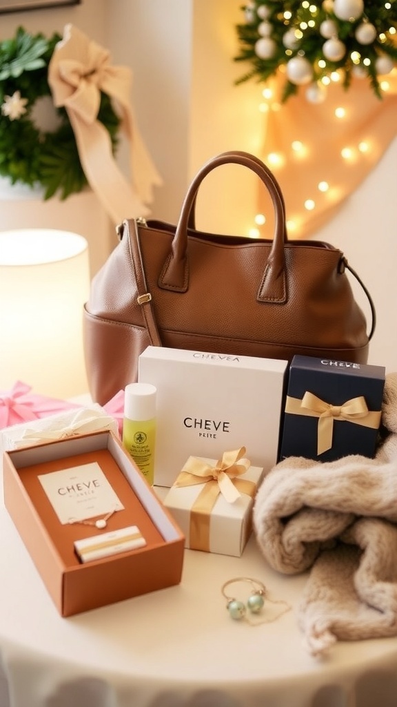 Gift Ideas for 30-Year-Old Women A collection of gift ideas for women including a handbag, skincare products, jewelry, and a cozy blanket on a decorated table.